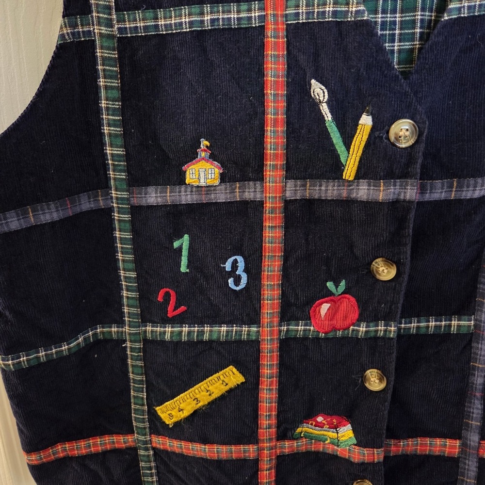 Casey & Max sz L teacher vest corduroy button up plaid embroidery patches - Picture 3 of 8